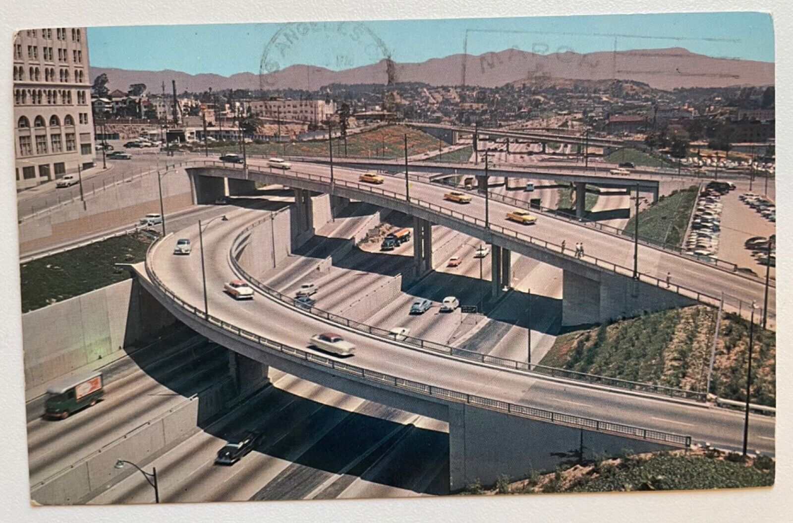 Harbor Freeway Los Angeles California CA 1967 CHrome Postcard, towards Pasadena