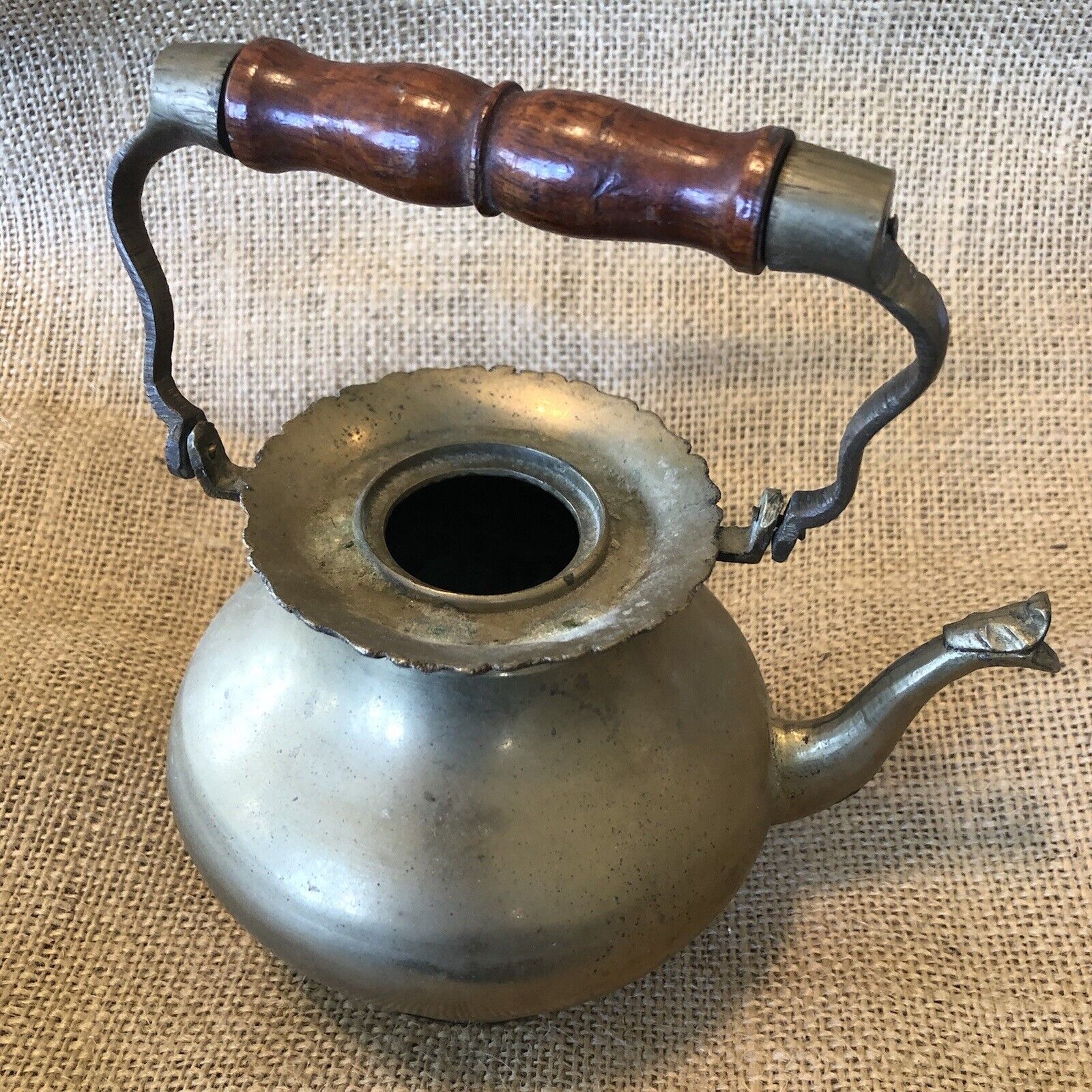 Metal Teapot Vintage has a Snake spout Wood Handle