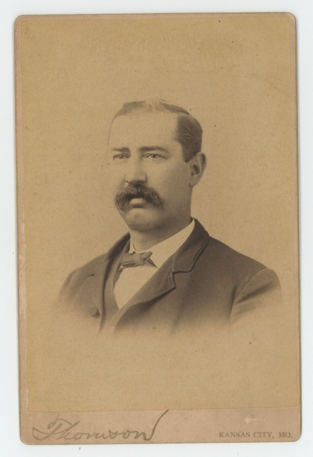 Antique c1880s Cabinet Card Handsome Man With Large Mustache Kansas City, MO