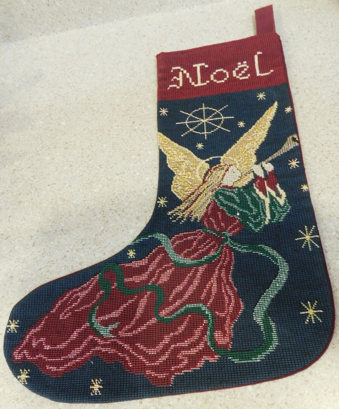 VTG Christmas Stocking Angel Playing Horn Needle Point Seasonal Gift 