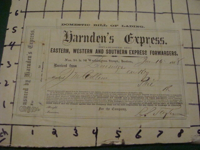 Orig Billhead -- 1868 HARNDEN\'S EXPRESS -- Bill of Landing --BOSTON -- 