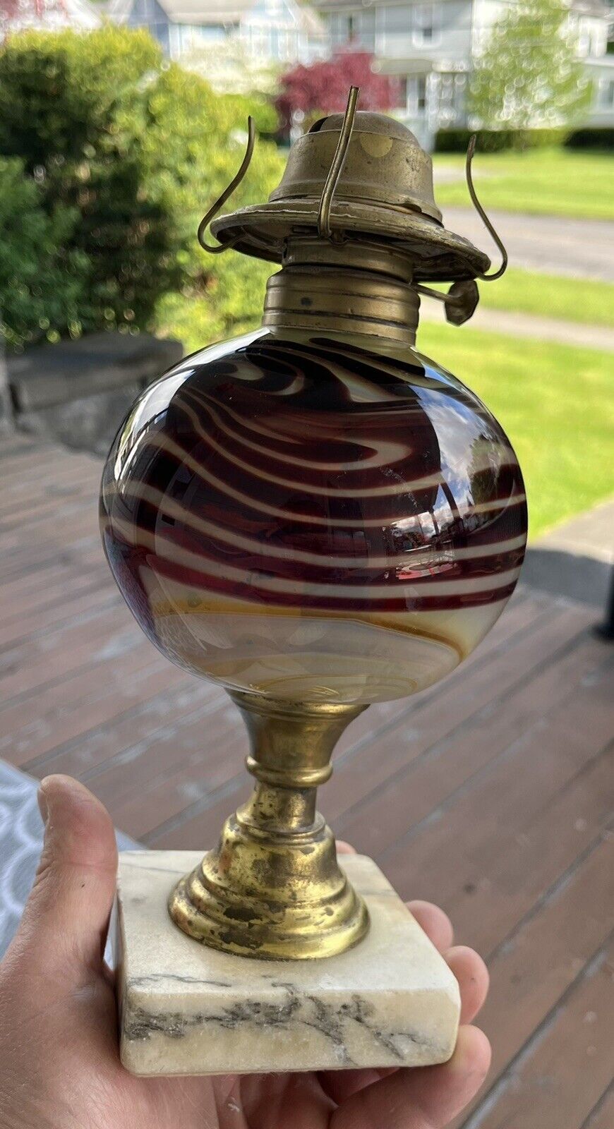 Contemporary  Vintage Slag Art Oxblood Type Swirl Ball Glass KEROSENE OIL LAMP