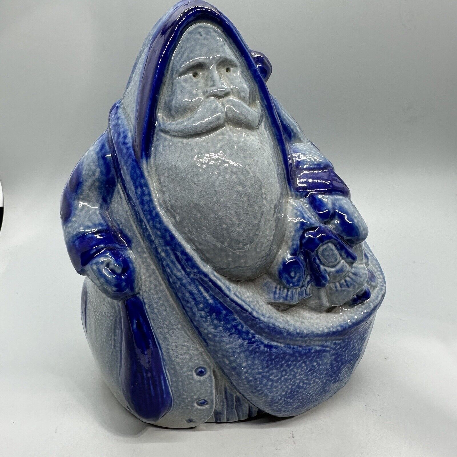 Eldreth Pottery Blue Santa Claus with Gift Bag Figurine Salt Glazed Vintage 1998