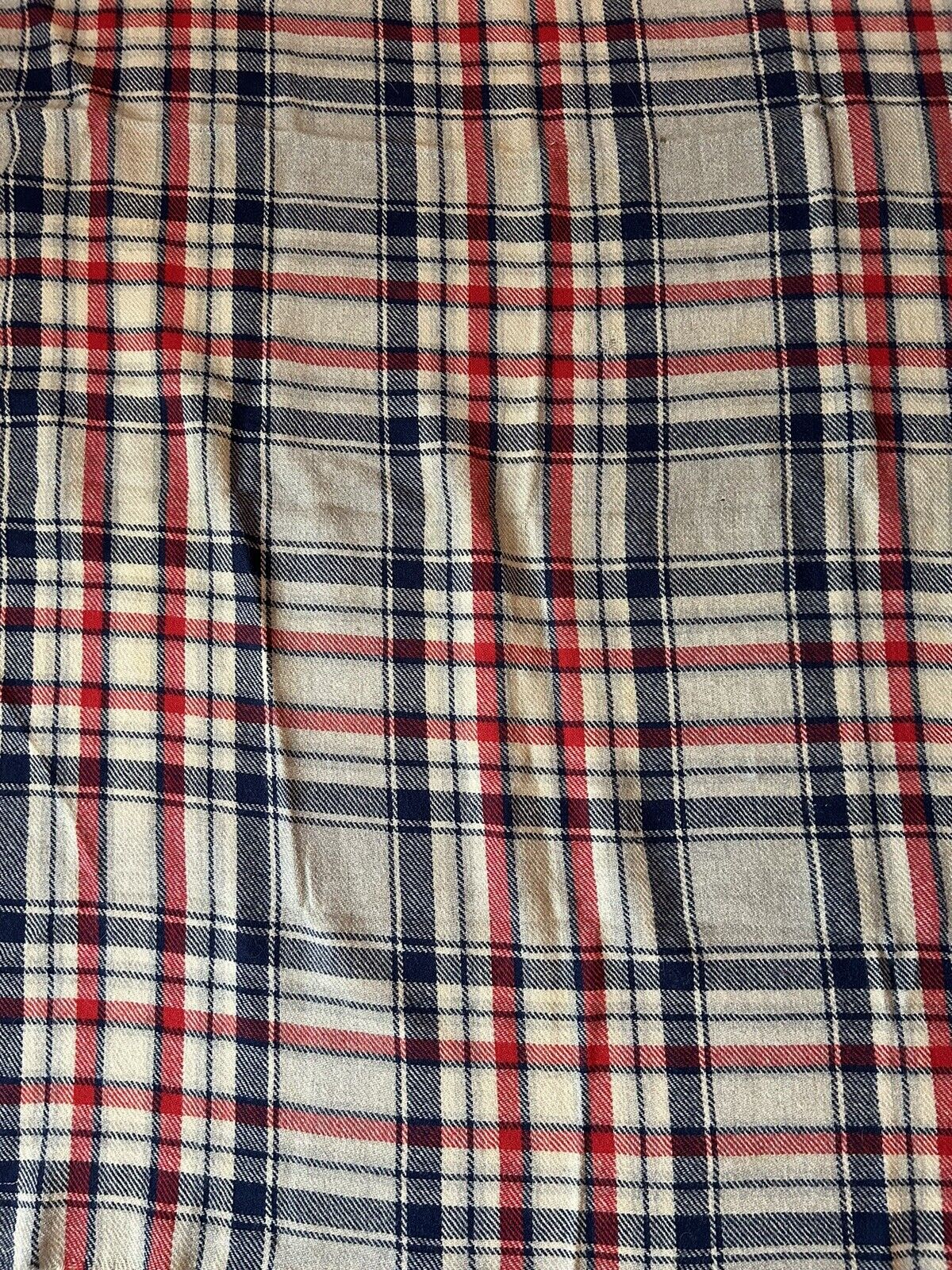 Vintage Wool Blanket  Plaid 42x56 + Fringe Red Navy Grey Beige