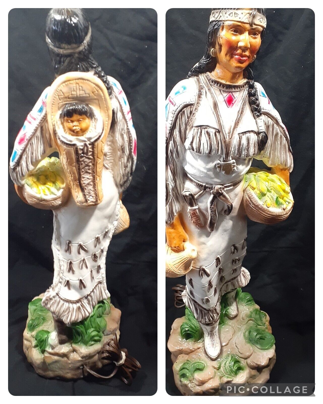 Vintage Native American Woman Baby Papoose Chalkware Lamp Basket of Maize Jug