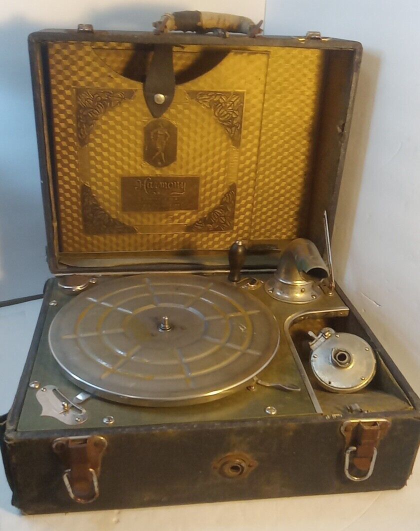 Vintage Antique Harmony Portable No. 2 Suitcase Wind Up Phonograph Record Player