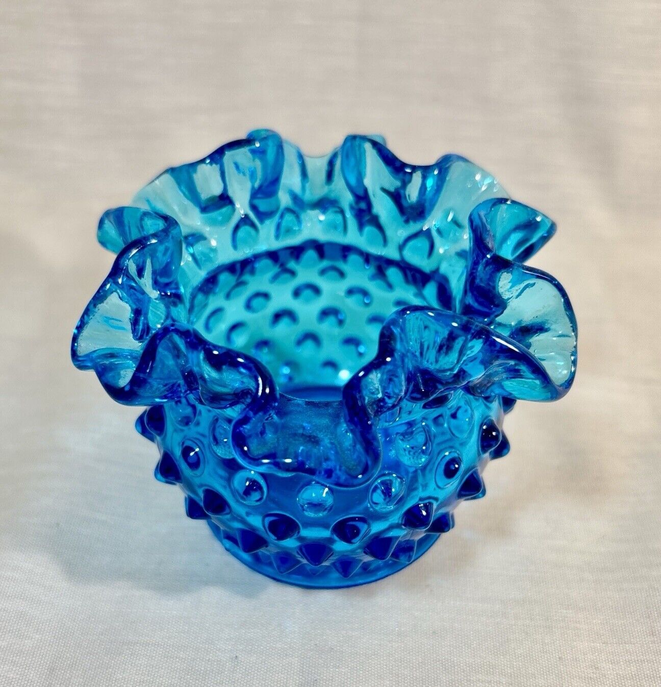 Fenton Colonial Blue Vintage Hobnail 3” Ruffled Vase