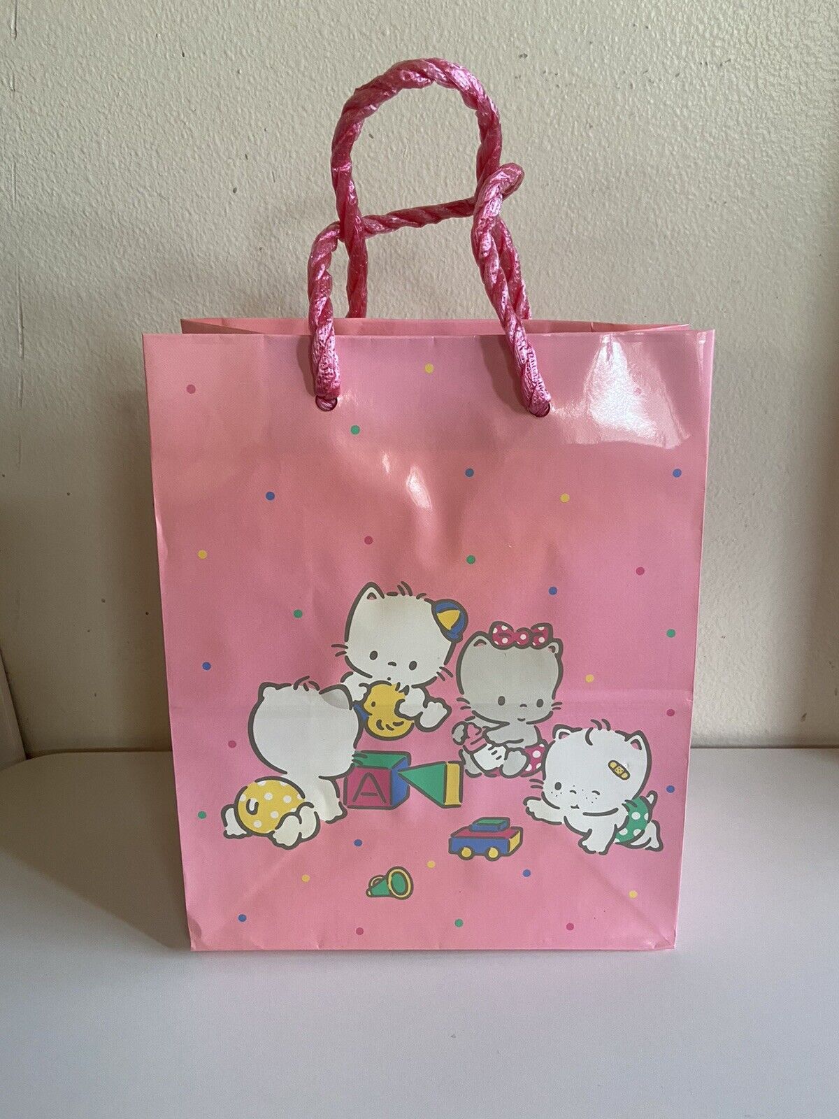 1988 Vintage Sanrio Nya Ni Nyu Ne No Pink Gift Bag - Baby Cats in Diapers Japan