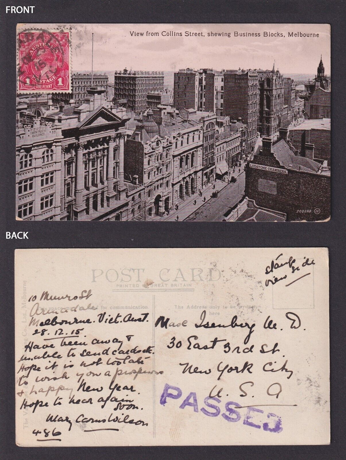 AUSTRALIA 1915, Vintage postcard, Melbourne, Collins Street, Censored, WWI