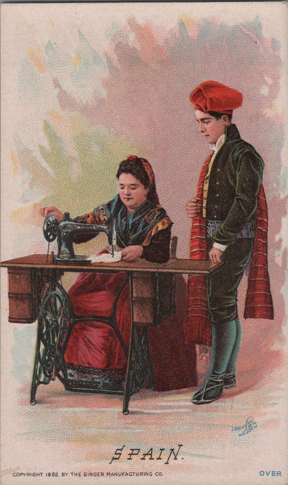 c1892 Singer Manufacturing Co. Sewing Trade Card SPAIN Barcelona Costumes Nation