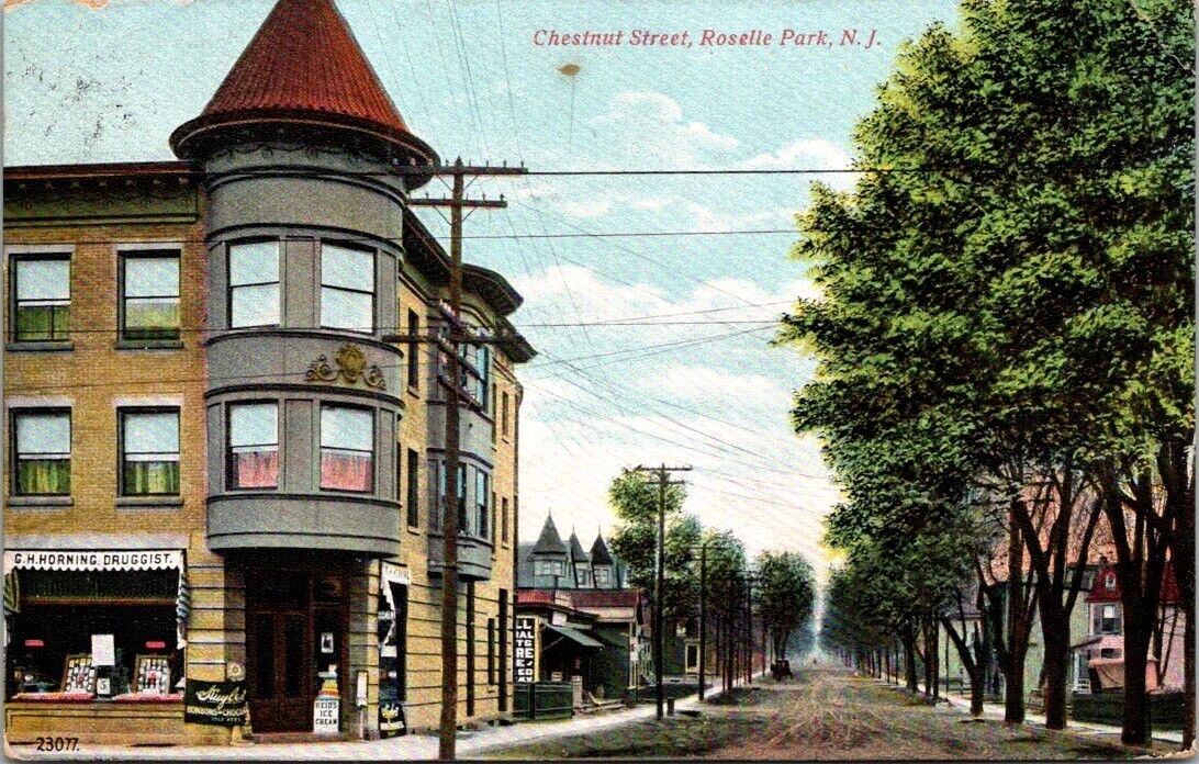 ROSELLE PARK, NJ ~ CHESTNUT ST. DRUG STORE & HUYLER\'S CHOCOLATE c1910s Postcard