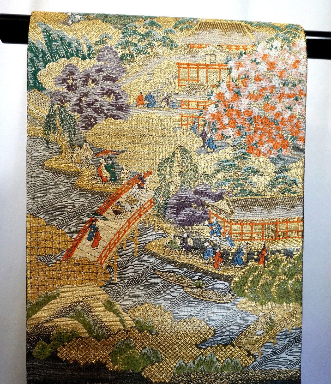 Japanese Kimono, SILK Fukuro OBI,Rokutu,Old town view, Bridge,GLD,L14\'4\
