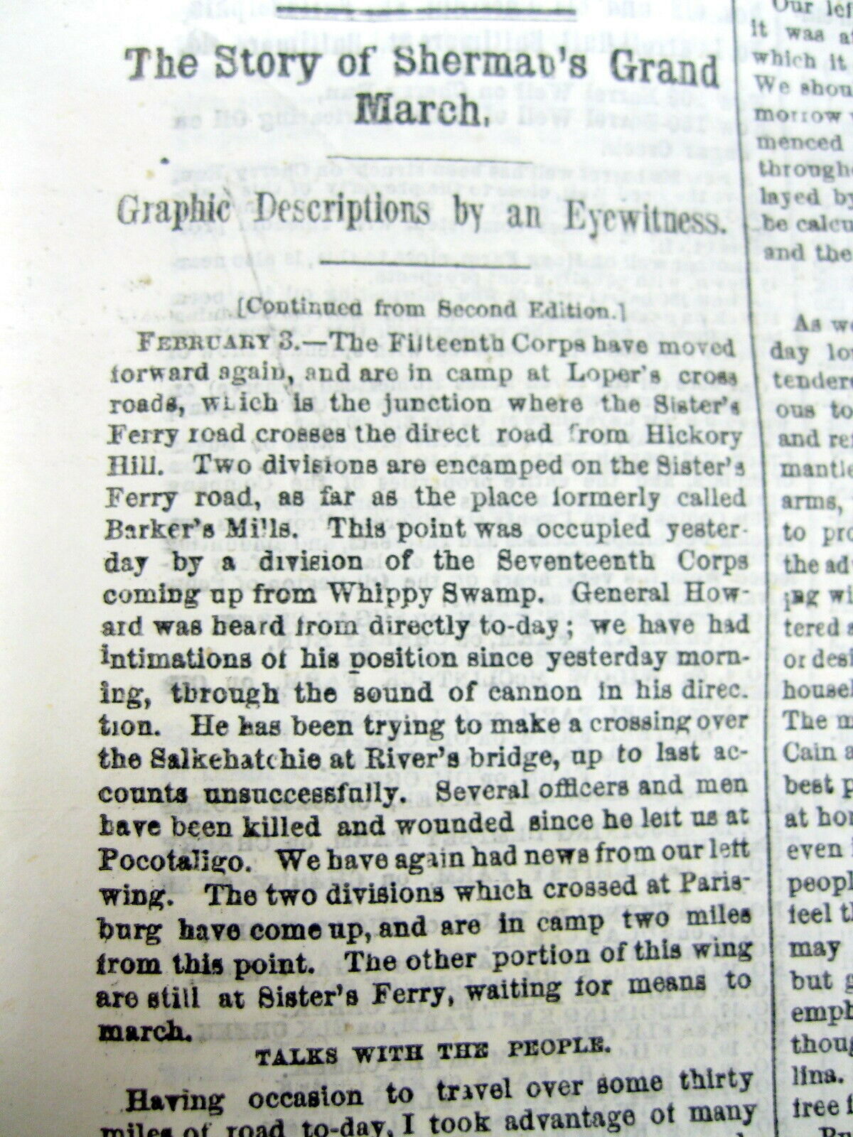 3 1865 CIVIL WAR newspapers w EYEWITNESS ACCOUNT SHERMAN\'S MARCH thru CAROLINAS