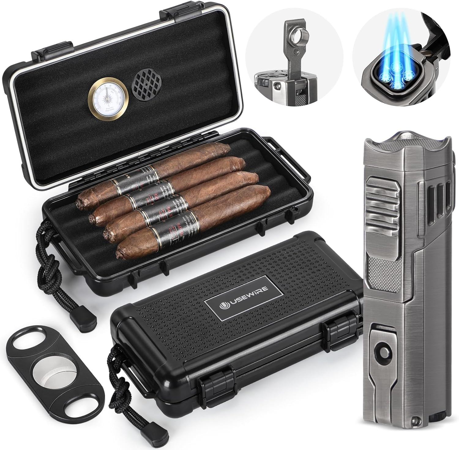 Cigar Travel Humidor and Cigar Lighter Set, Portable Travel Cigar Case with Humi