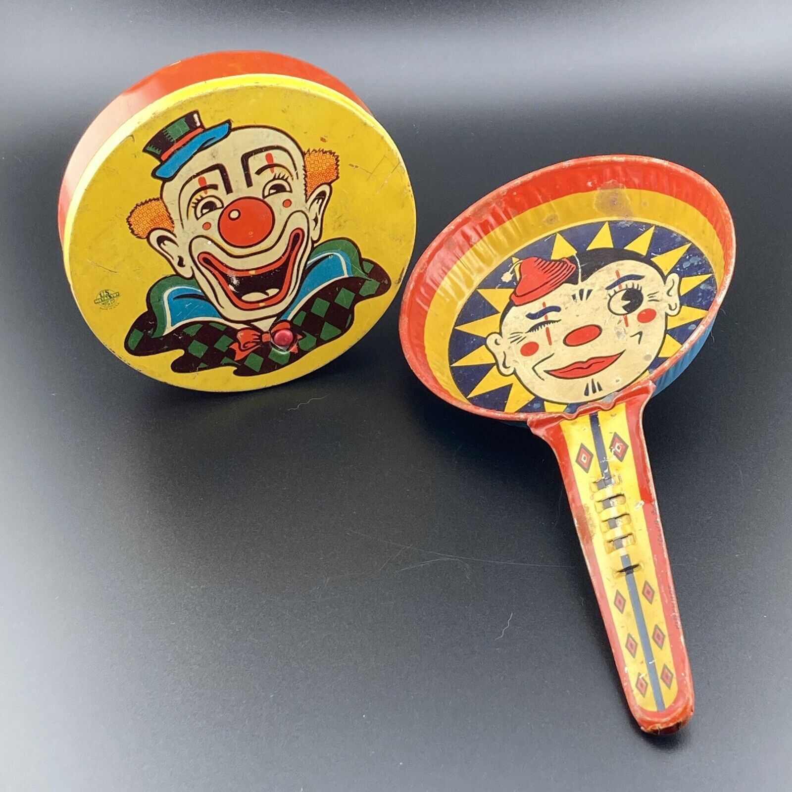 Kirchhof Life of the Party Winking Clown Clacker US Toy Mfg Co Spin Ratchet VTG
