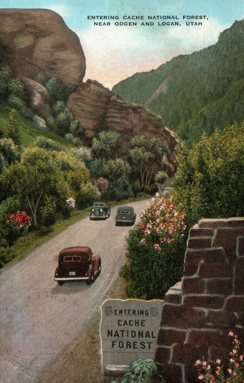 Postcard Entering Cache National Forest Oregon and Logan Utah Street Cars 1944