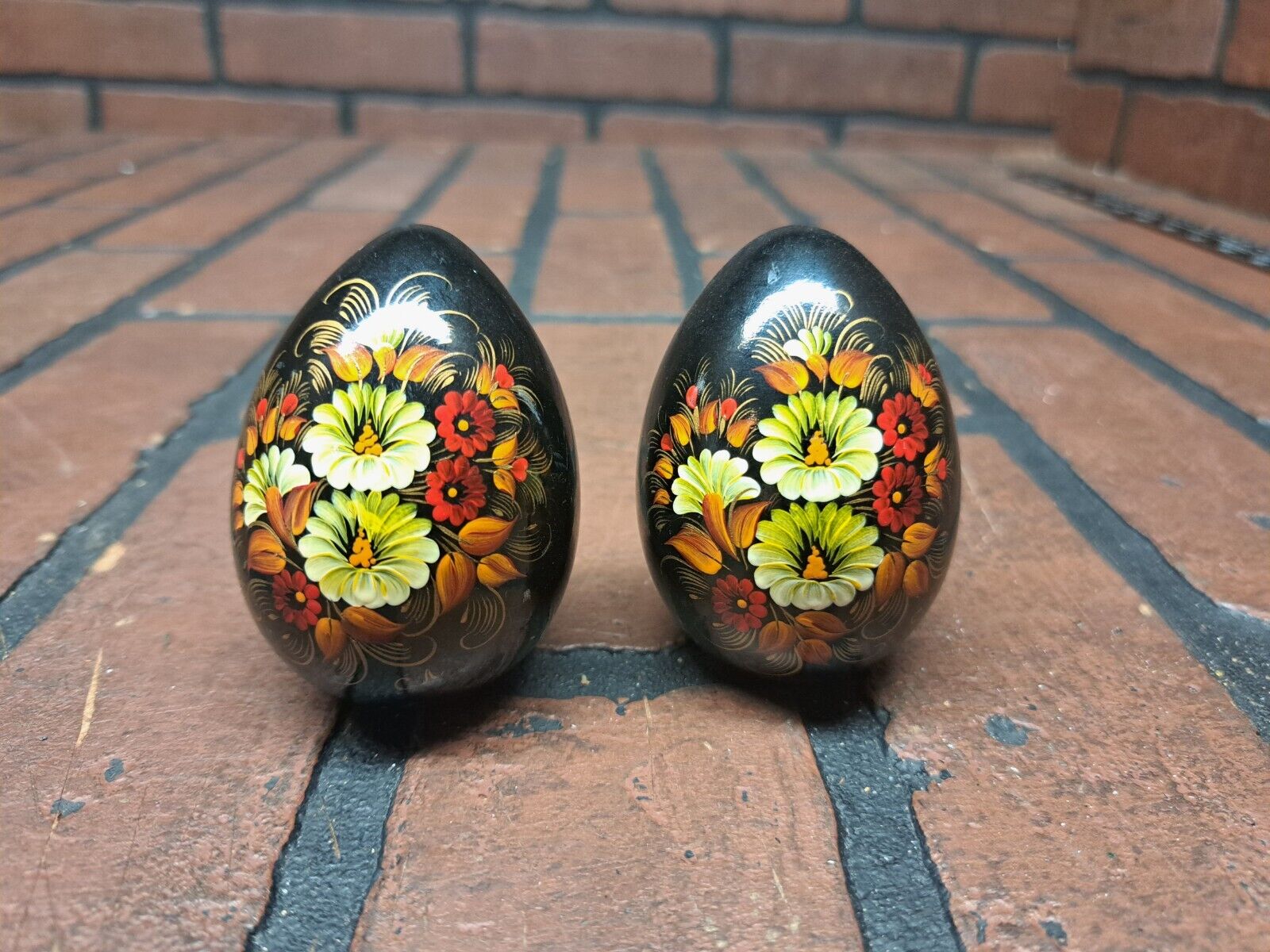 2 Vintage Russian Ukrainian Wood Easter Eggs Painted Floral