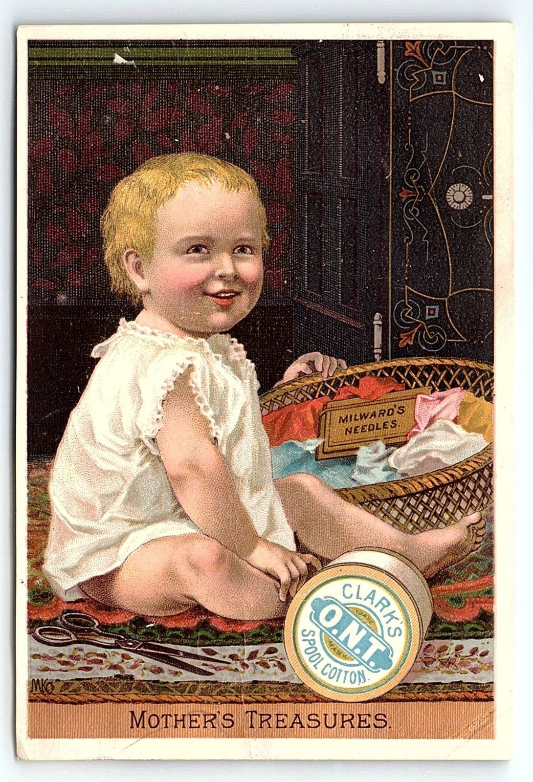 CLARK\'S O.N.T. SPOOL COTTON SMILING BABY MOTHER\'S TREASURES TRADE CARD P1981