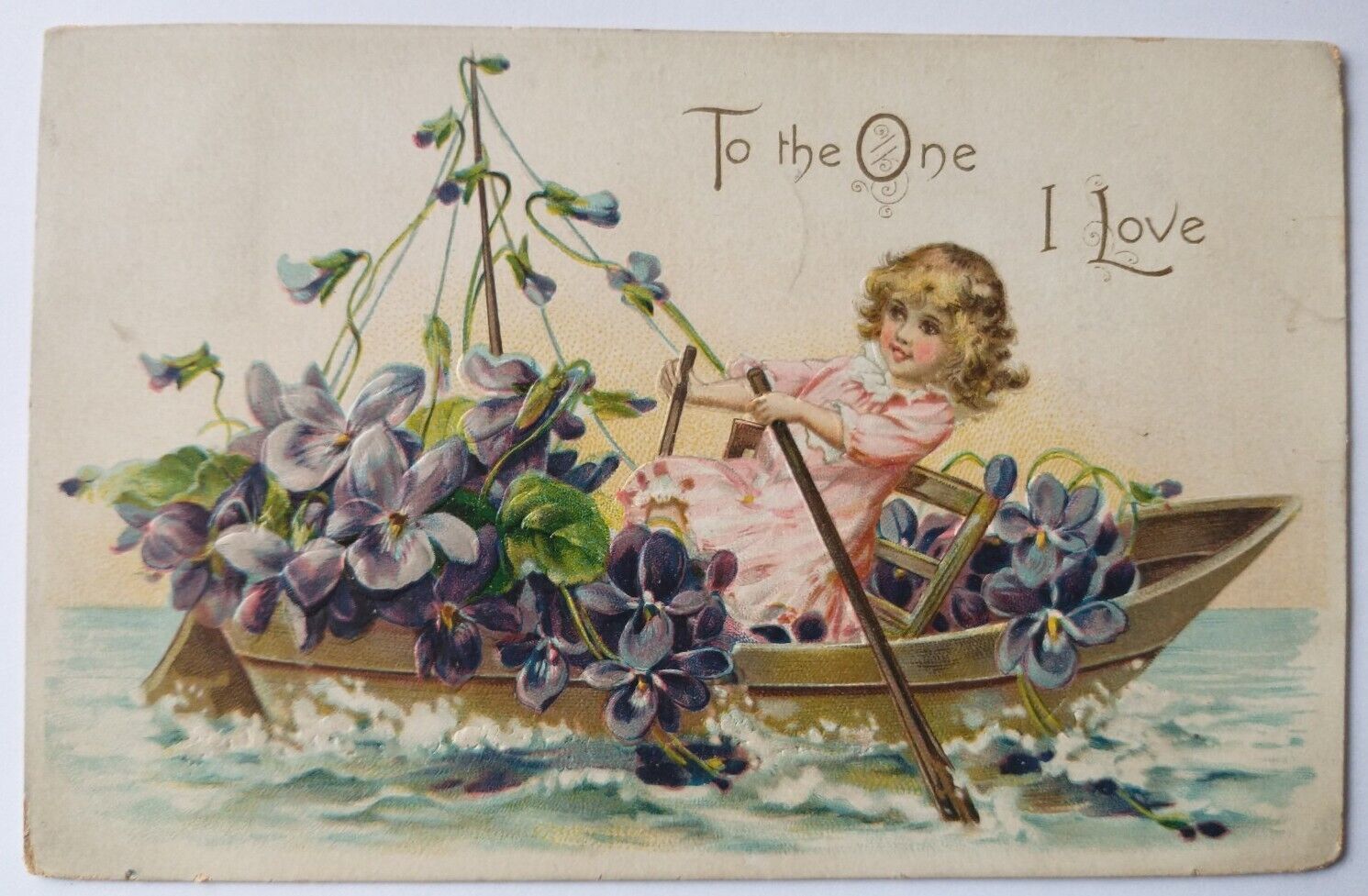 To One I Love Vintage Valentine\'s Postcard Girl in the Boat with Flowers Posted