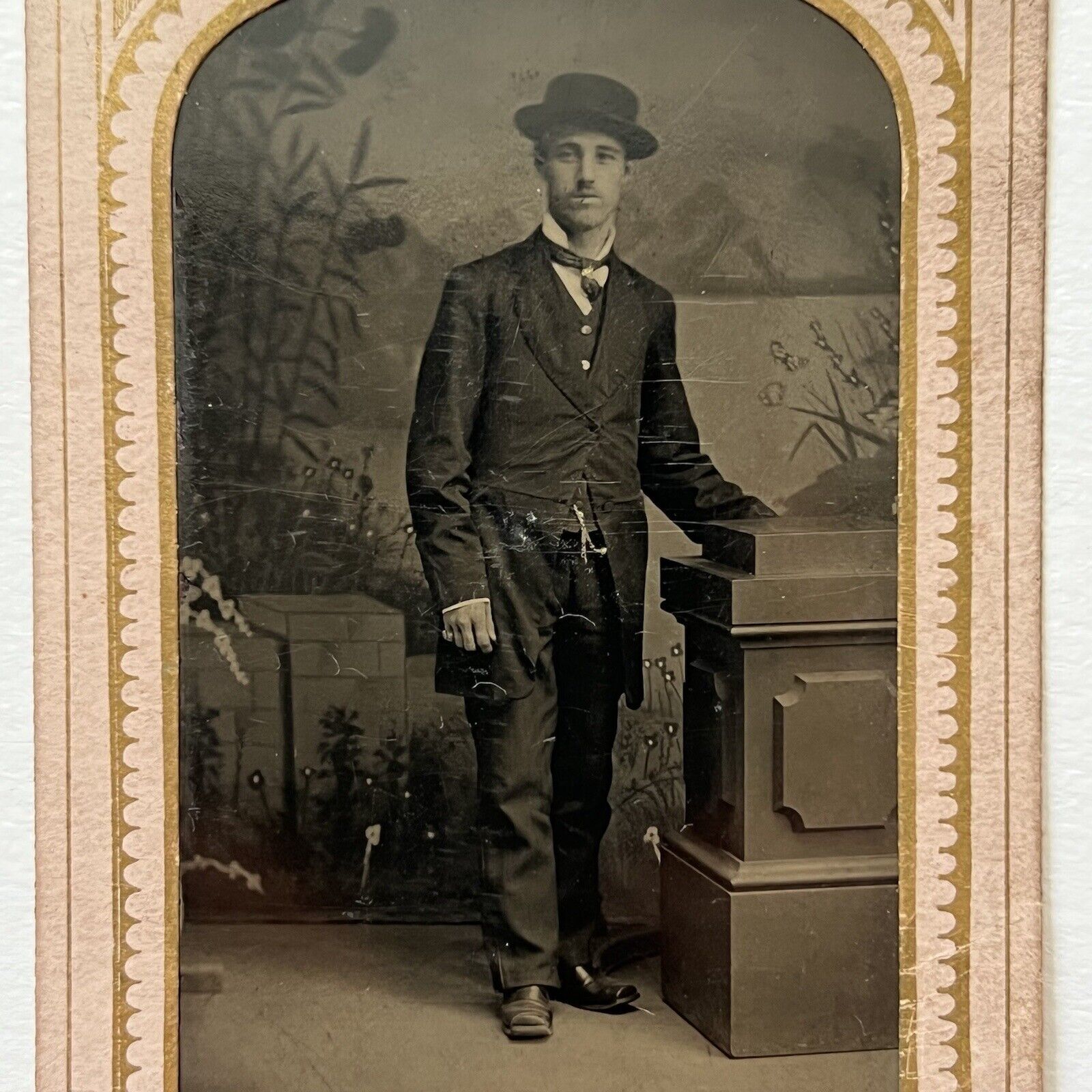 Antique Tintype Photograph Very Handsome Dapper Young Man Brimmed Hat