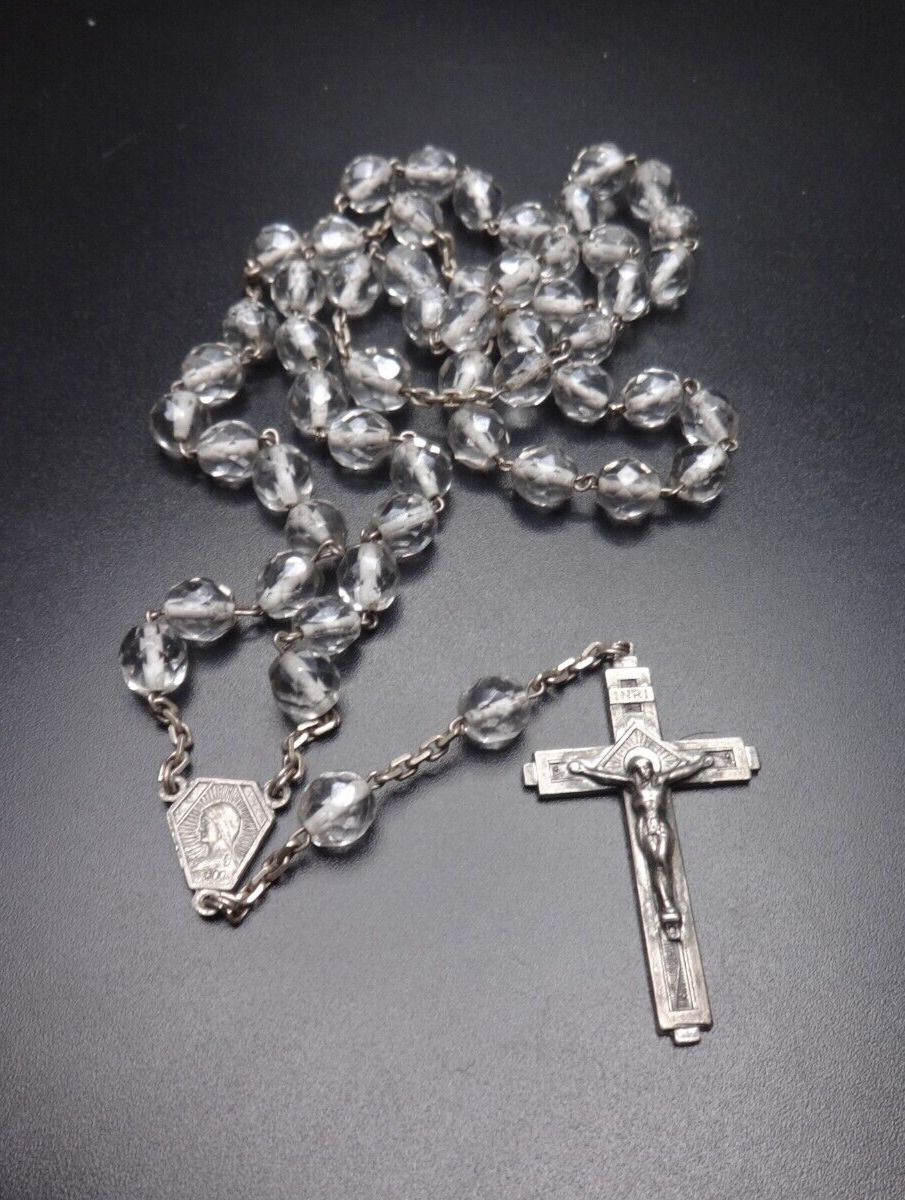 VTG Signed 800 Sterling Silver Crucifix Rosary Crystal Beaded