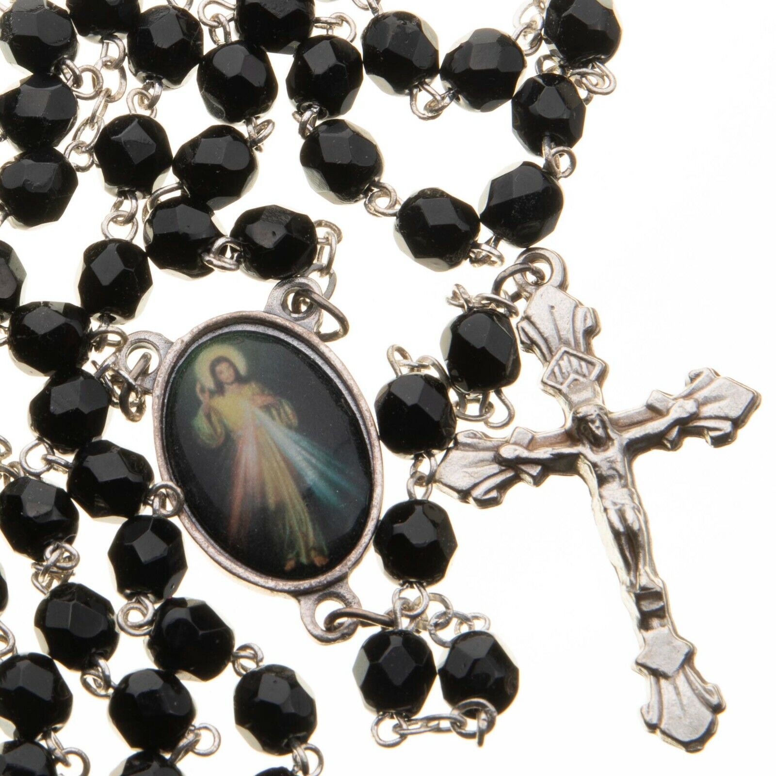 Divine Mercy Catholic Rosary Beads Black Faceted Glass Women Men 7mm Italy