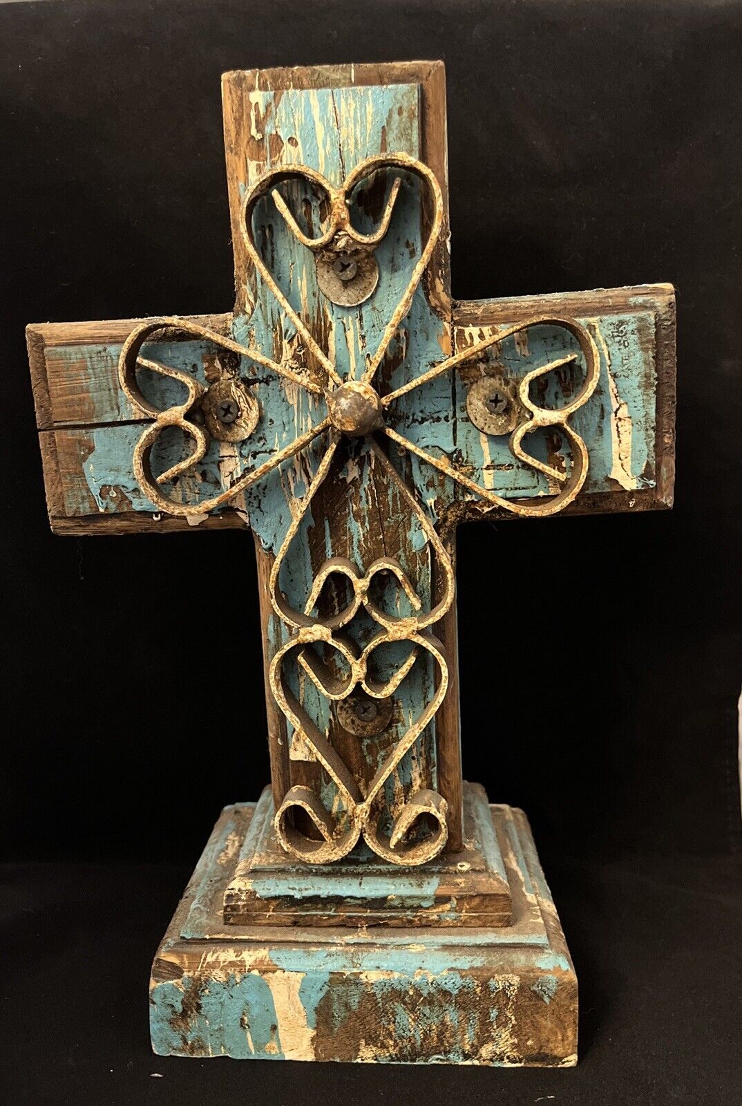Rustic Turquoise Wood & Metal 14” Tabletop Christianity Cross Made In Mexico