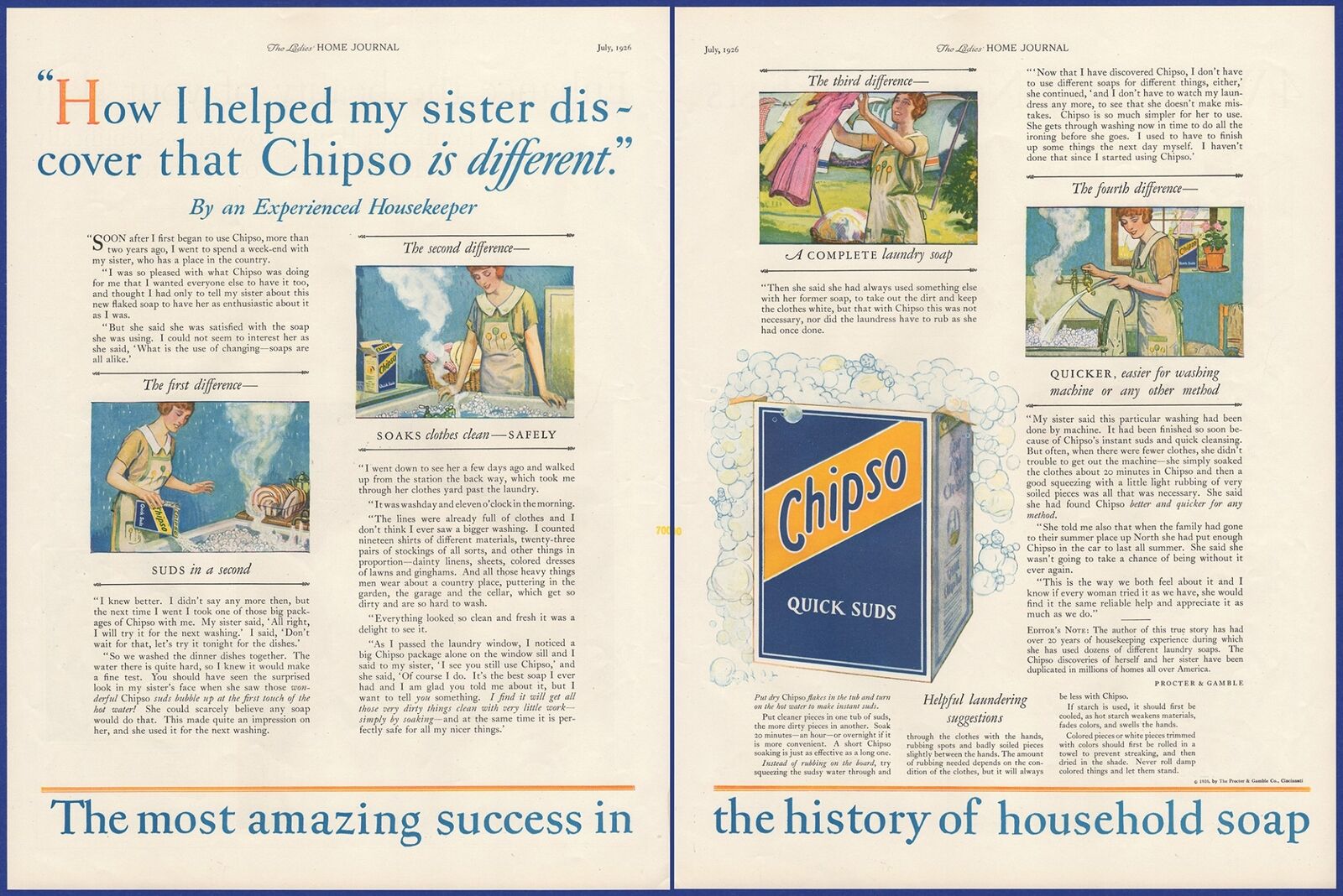 Vintage 1926 CHIPSO Quick Suds Laundry Dish Soap Detergent 1920\'s Print Ad