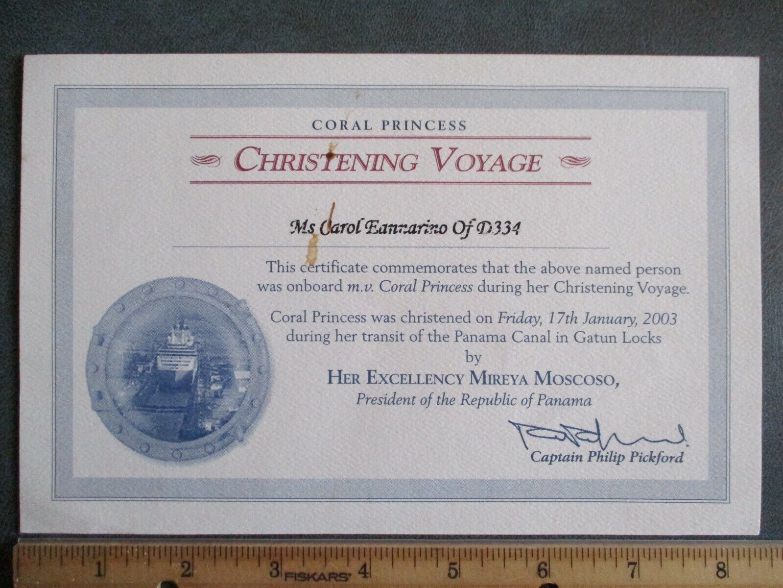 2003 Coral Princess Christening Voyage Carol Eannarino Certificate Panama Canal