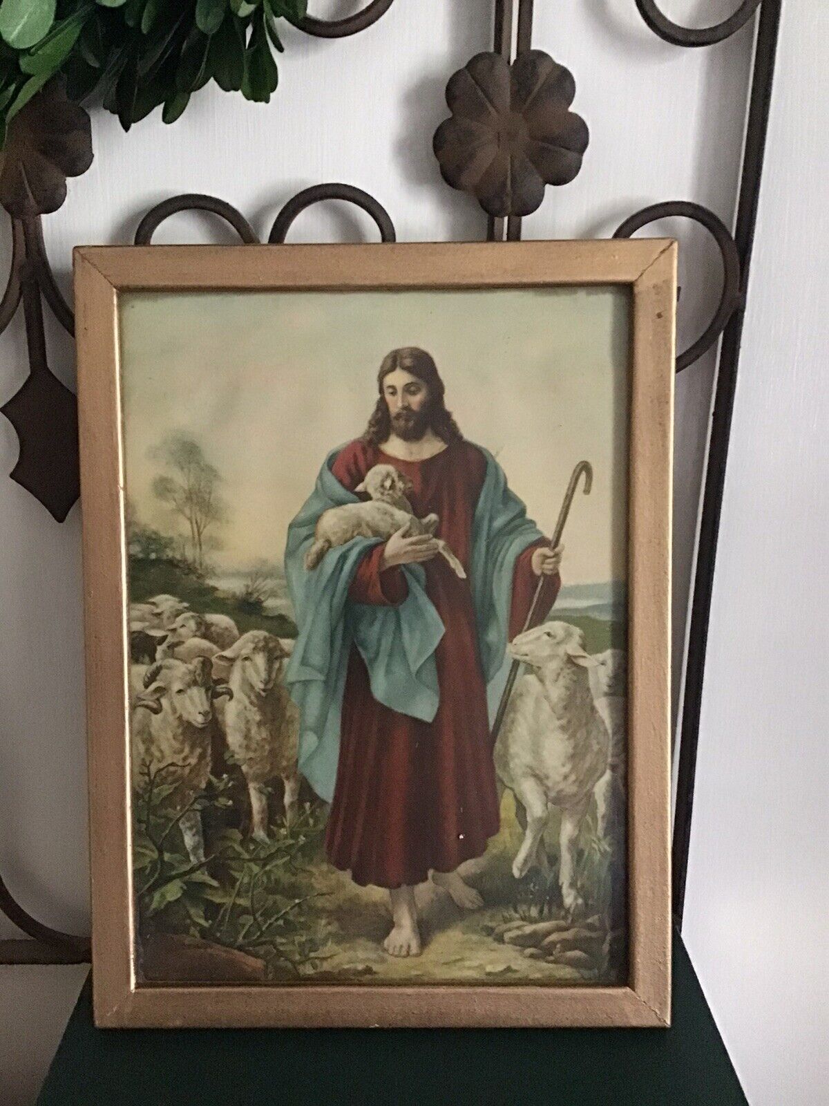 Antique Vintage Framed Print The Good Shepard Jesus Christ Sheep Lamb