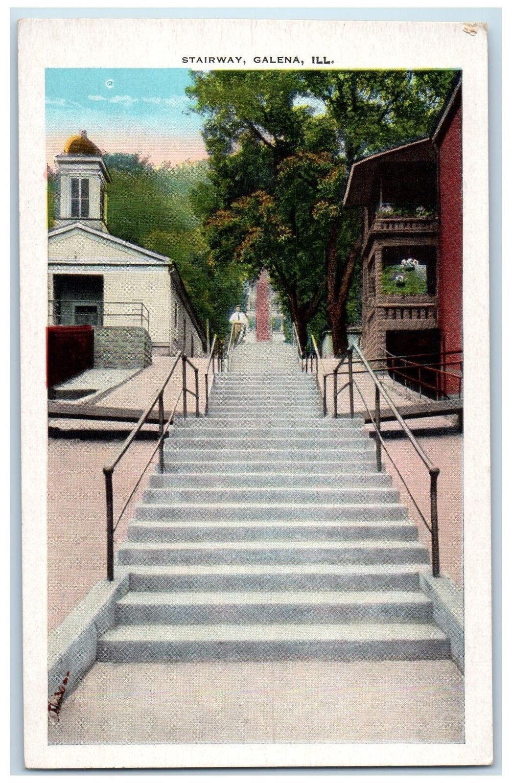 c1940s Stairway Man Standing Scene Galena Illinois IL Unposted Vintage Postcard