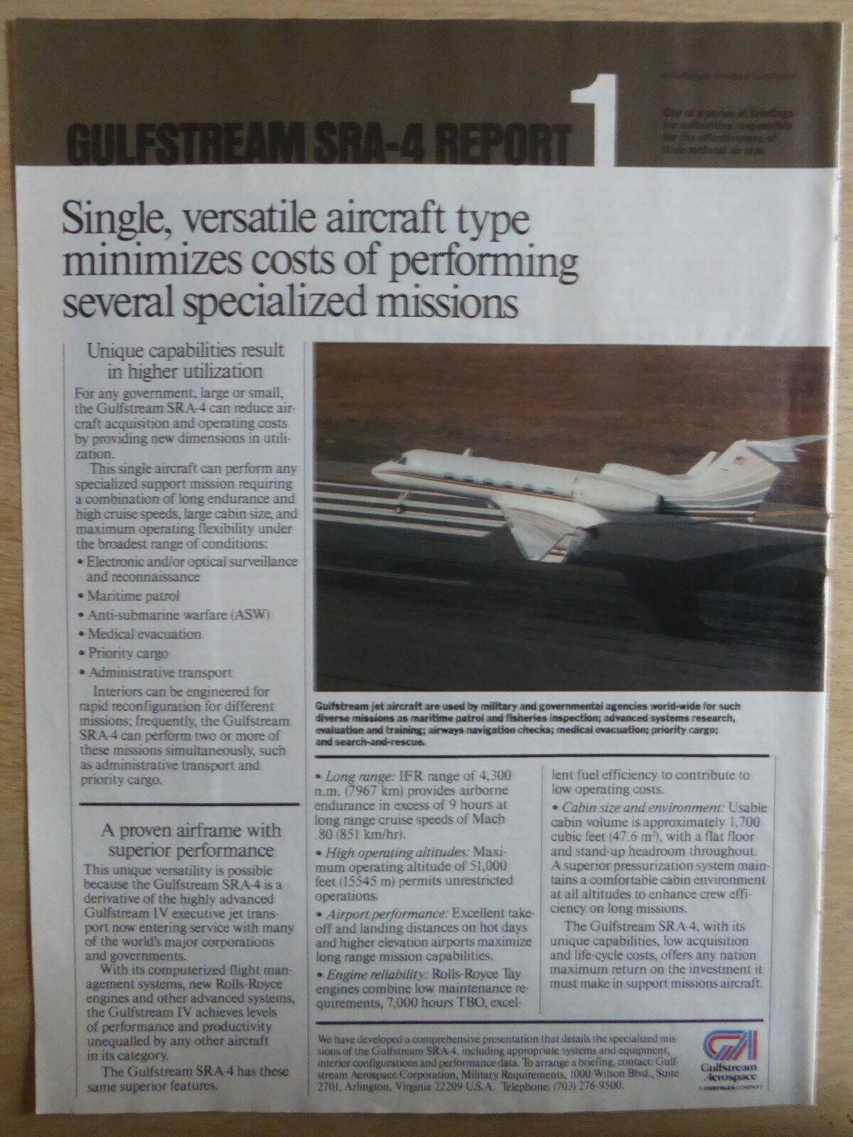 7/1988 PUB GULFSTREAM AEROSPACE SRA-4 SURVEILLANCE RECONNAISSANCE REPORT 1 AD