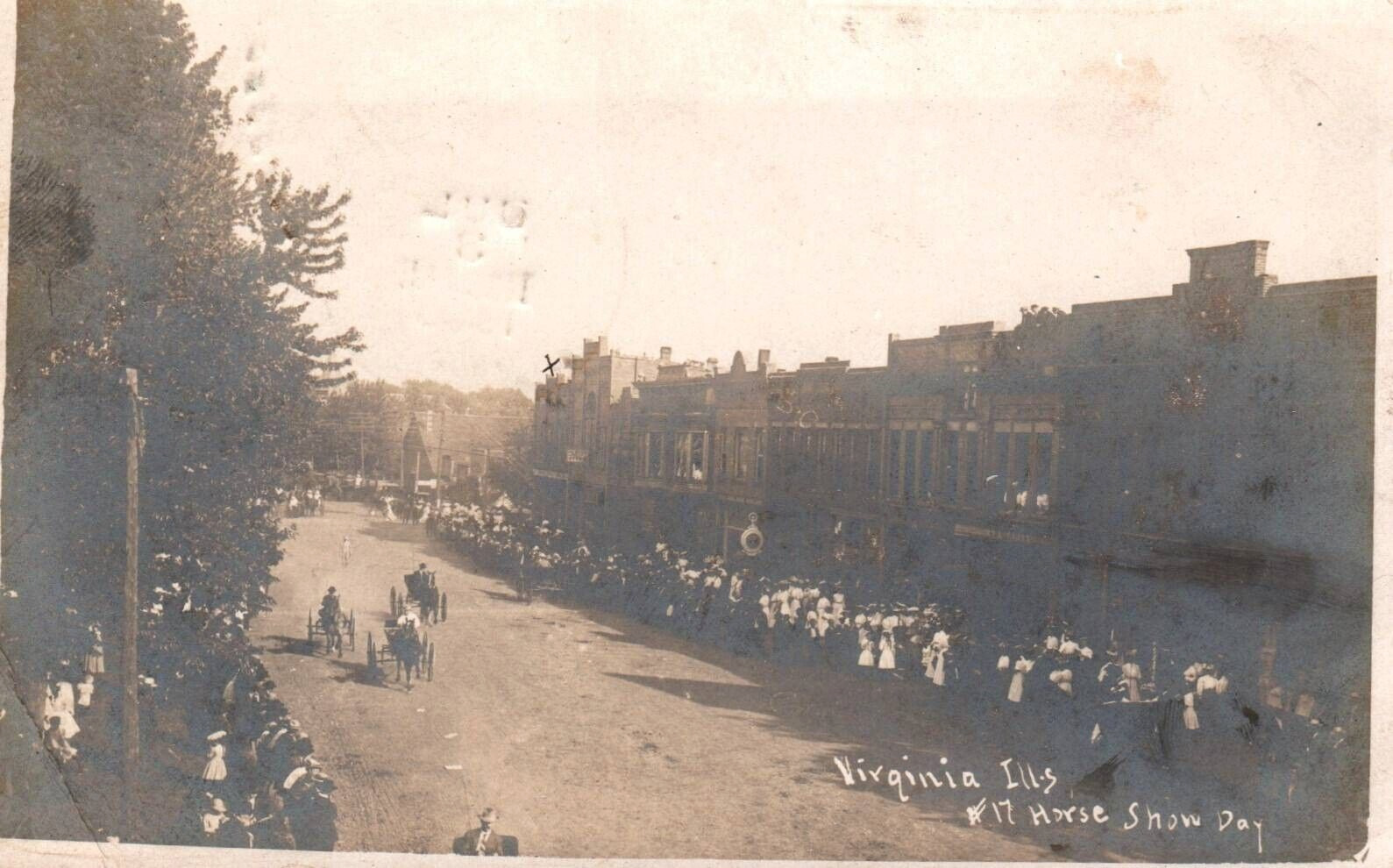 Virginia Ill. Horse Show Day Main Street Storefronts RPPC Cass Co. 1908 Postcard
