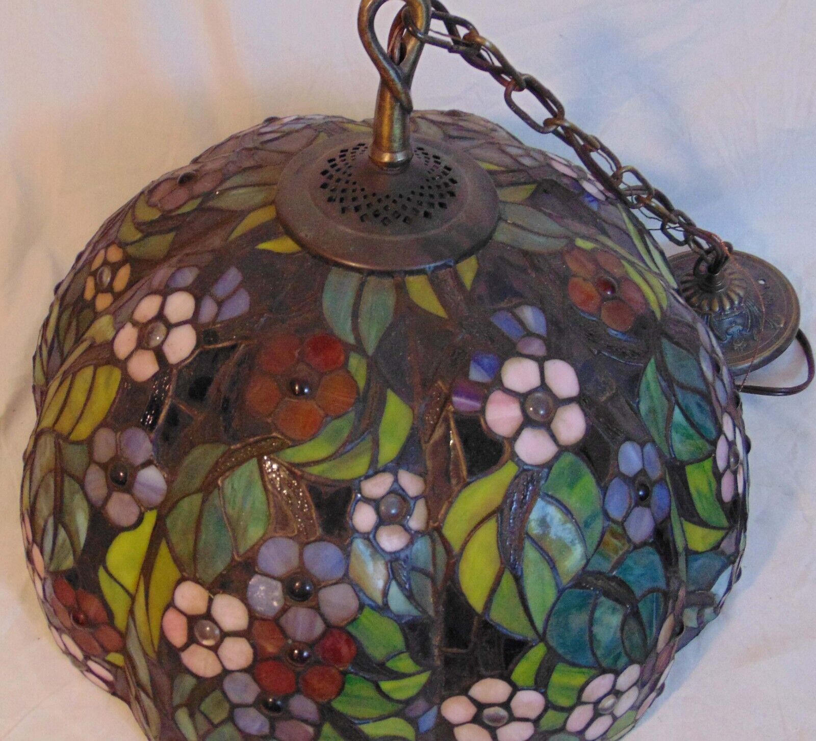 DALE Tiffany Leaded Glass Chandelier Dome Lamp Light Fixture Flowers Signed