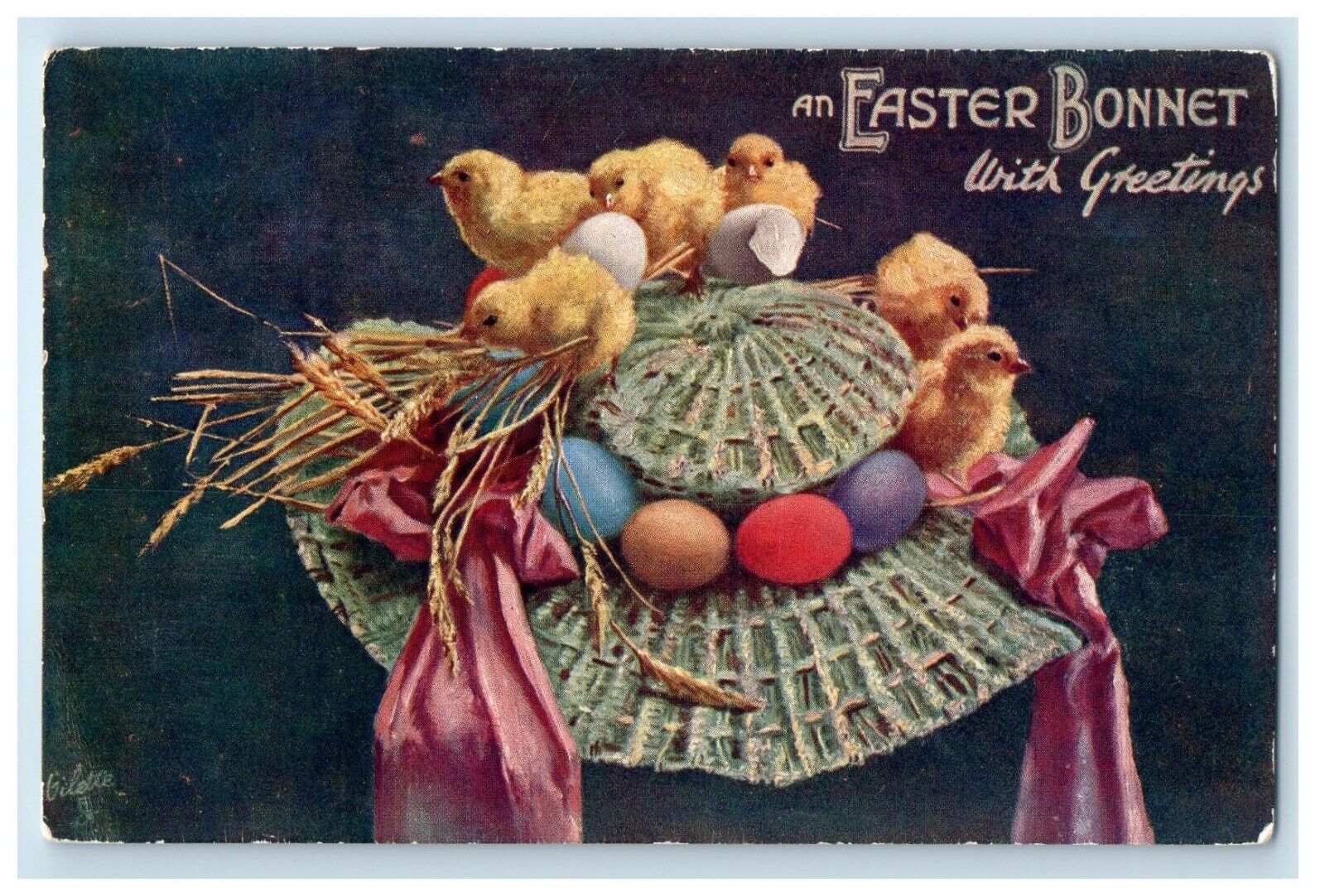 c1910 Chicks, Eggs, An Easter Bonnet with Greetings Oilette Tuck Art Postcard