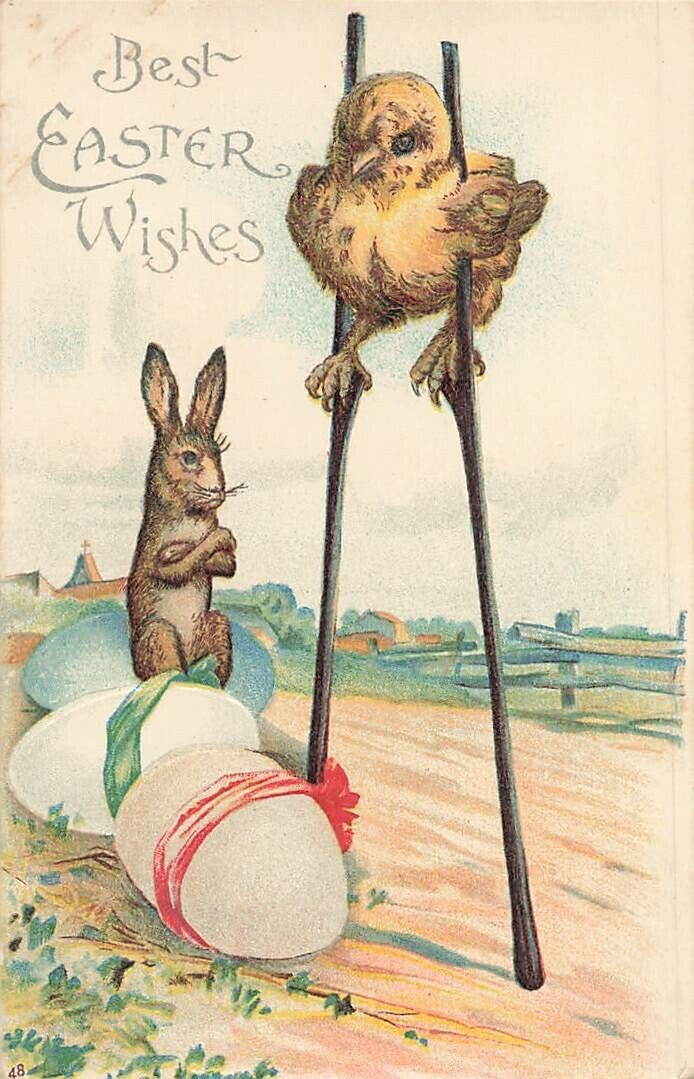 c1905 Fantasy Anthropomorphic Chick Walking Stilts Rabbit Eggs Easter P391
