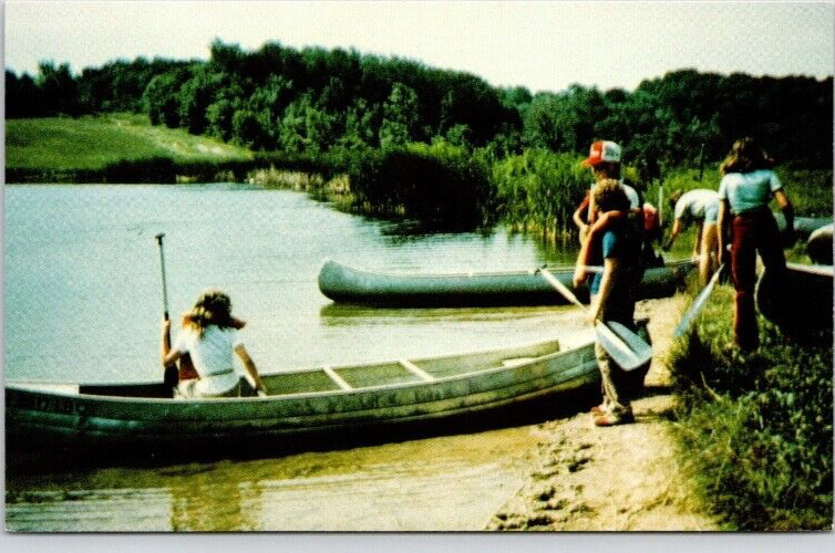 GIRL SCOUT POSTCARD Camp Asbury, Hiram, Ohio, Canoeing on Lake Hibbord