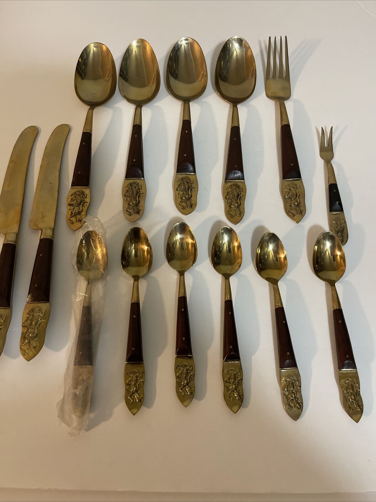 Vintage Siam Bronze Knives Spoons Fork  Brass Brown Wood  (14 Pieces)