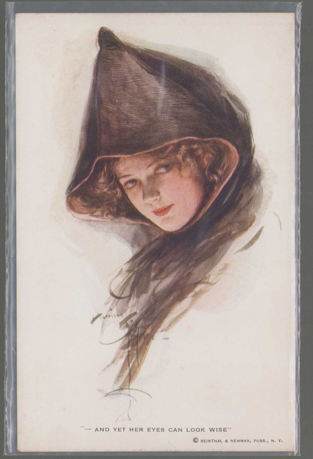 Antique Postcard SIGNED H. Fisher S200 Wise Eyes Woman Cloak Society Sketc c1910