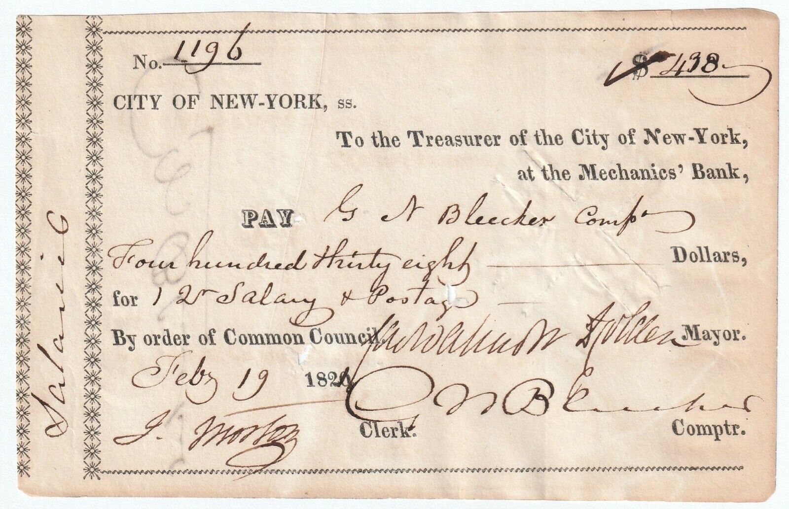 Document 1821  Signed Mayors  - Jacob Morton, Marshal at Washington Inauguration
