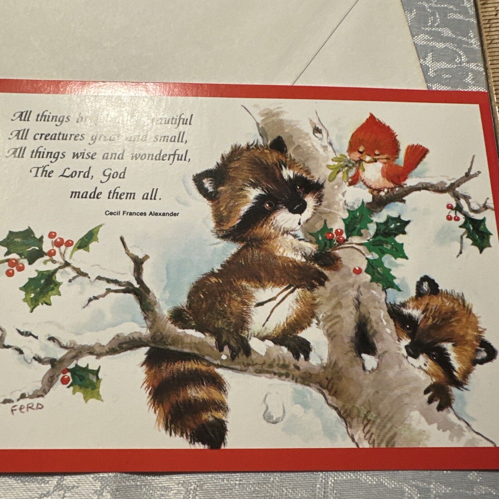 Vtg UNUSED Christmas Card Raccoon In Tree Cardinal Cute W/Env