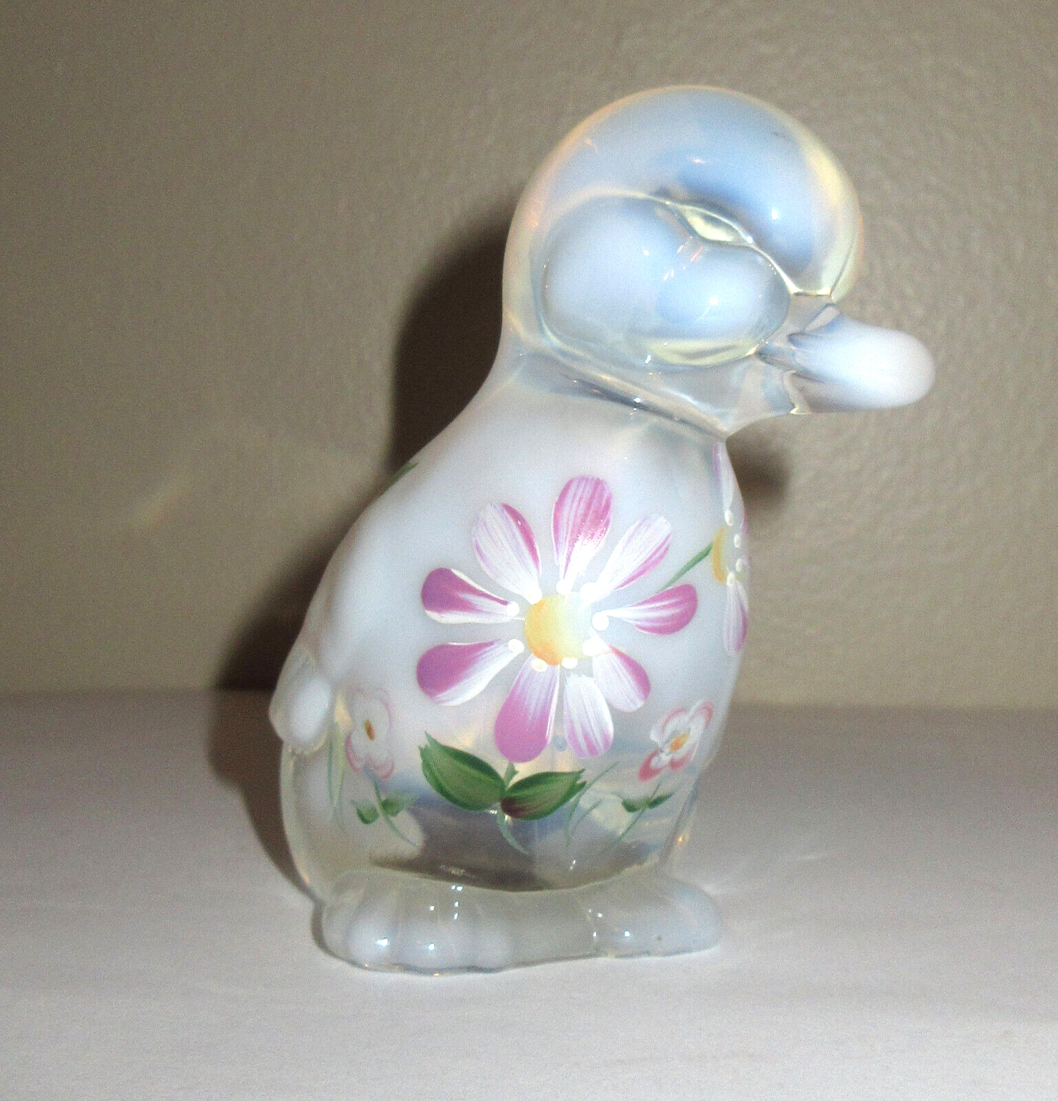 Fenton Duck Duckling White Opalescent Hand Painted Flowers by CL Hall 3.5\