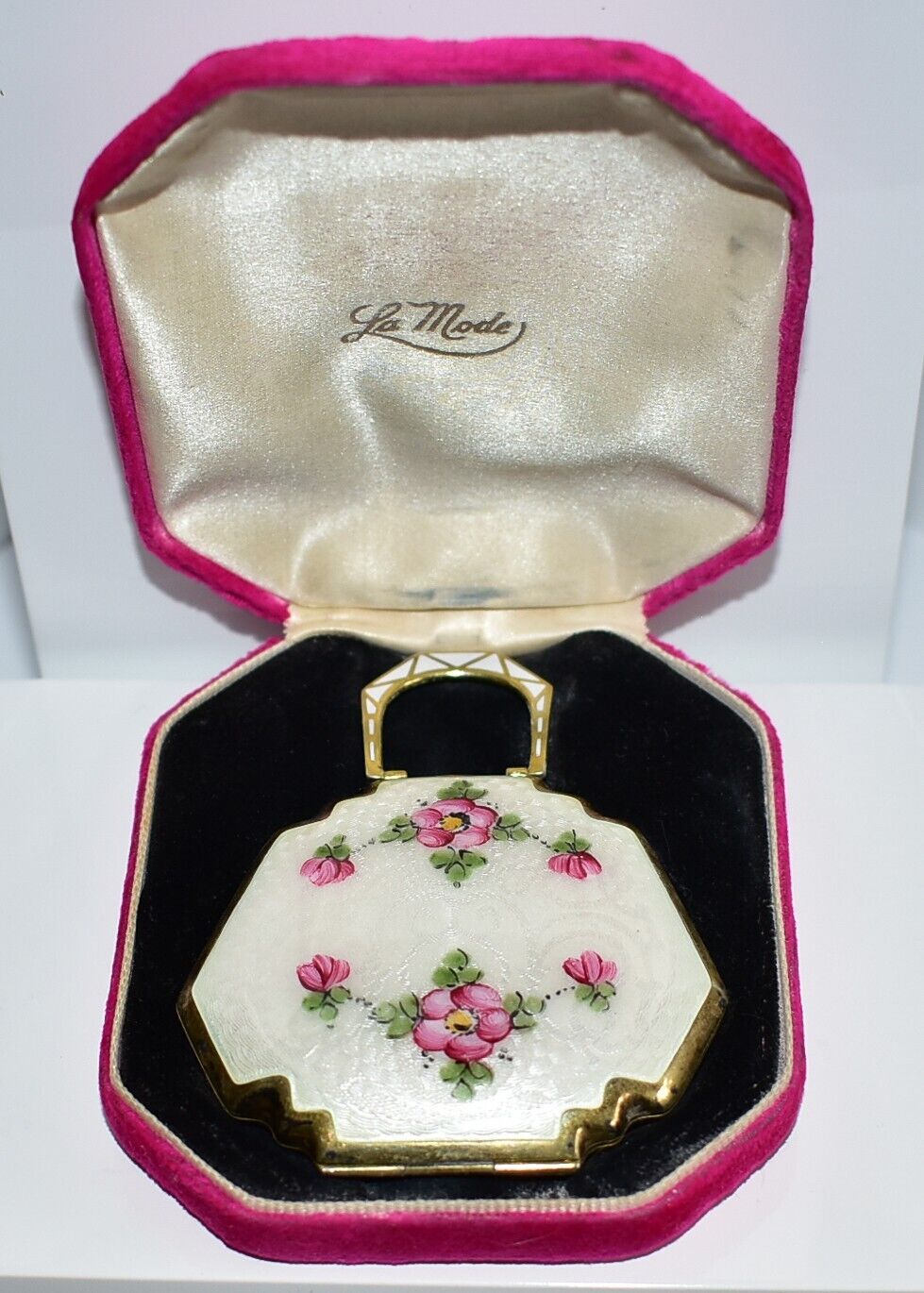 BEAUTIFUL Antique PINK FLOWER Hand Painted ENAMEL GUILLOCHE Compact ORIGINAL BOX