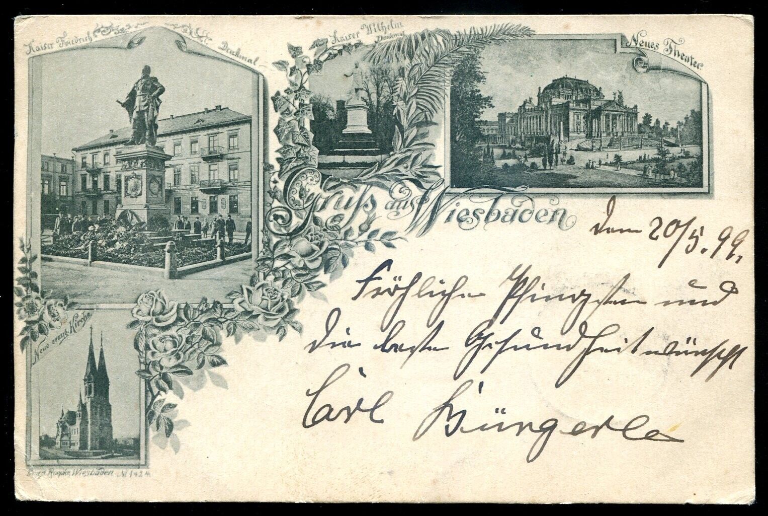 GERMANY Gruss aus Wiesbaden Postcard 1899 Multiview Monuments Theatre