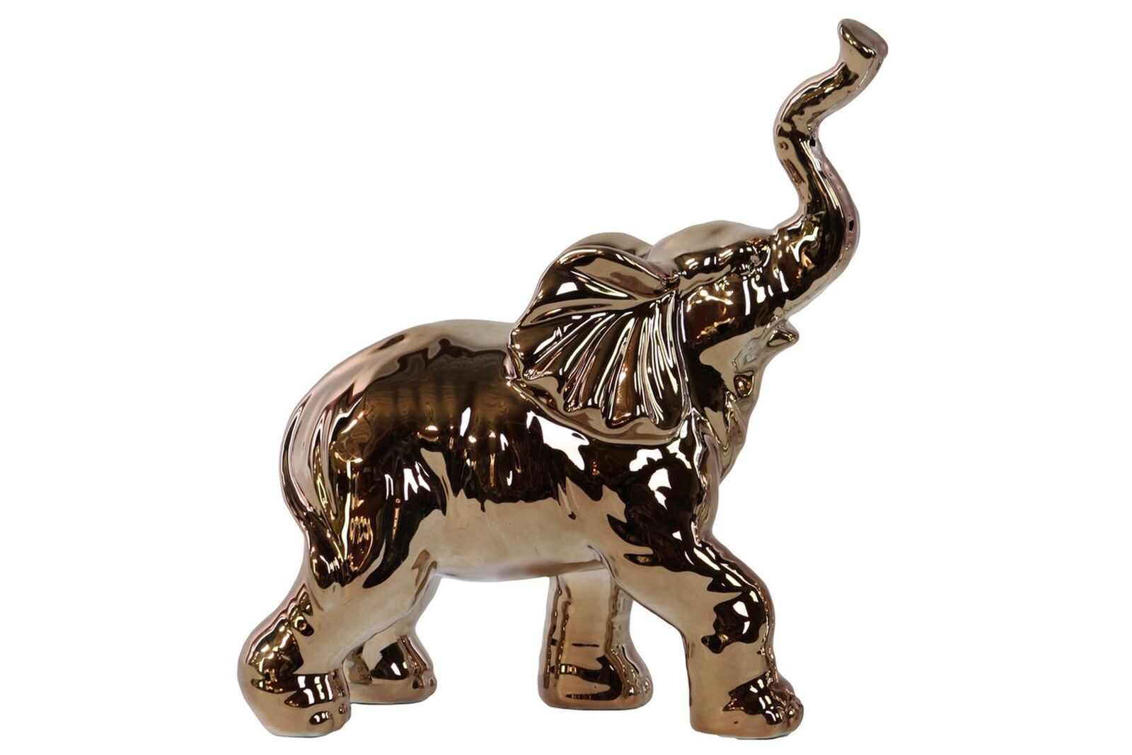 Porcelain Walking Trumpeting Elephant Figurine Polished Chrome Finish Gold 7inch