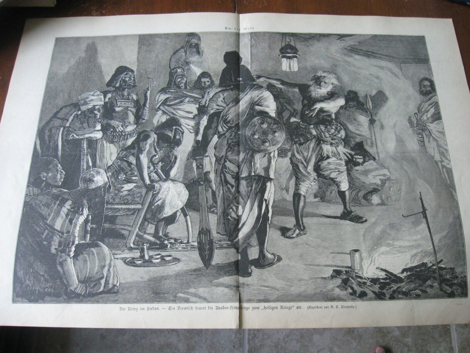 1884 Art Print ENGRAVING - HOLY WAR in SUDAN w WITCH DOCTOR Warrior Fashion