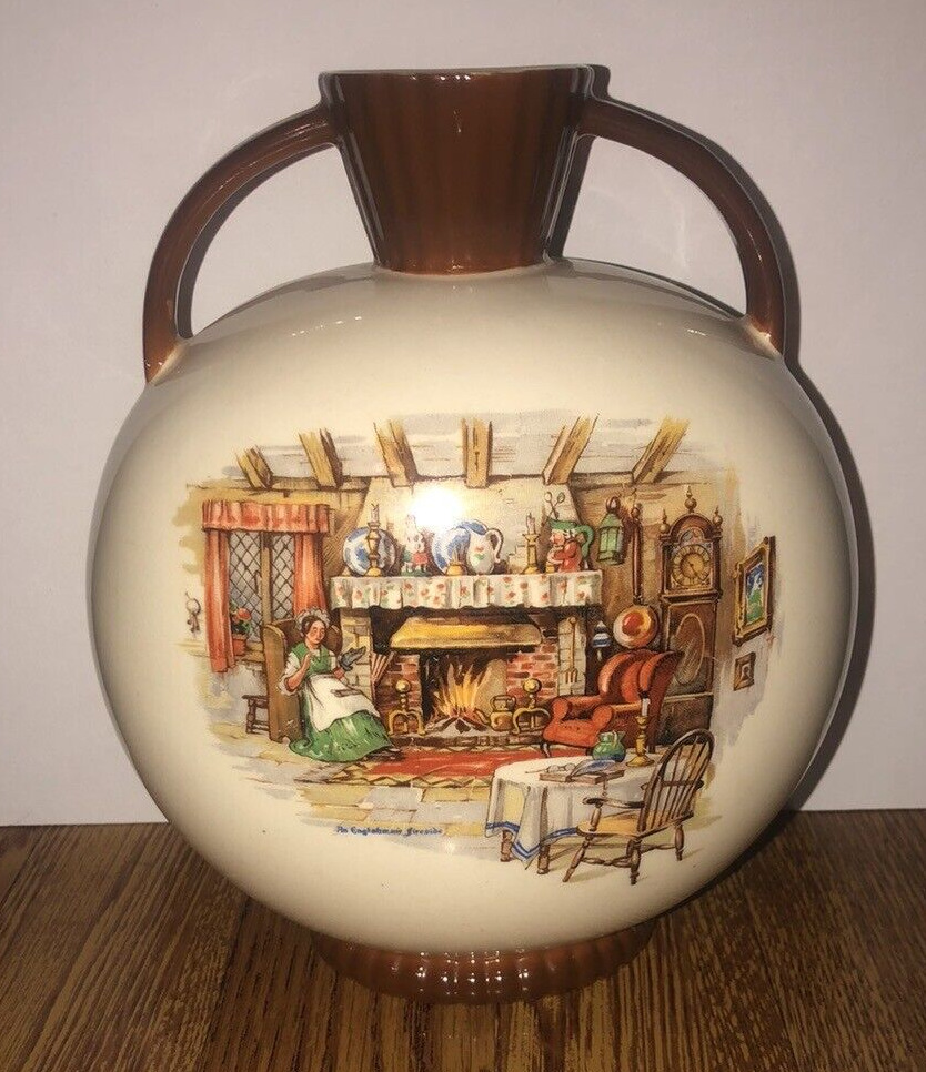 Antique Royal Crown Germany Porcelain Vase Scene Titled An Englishmans Fireside