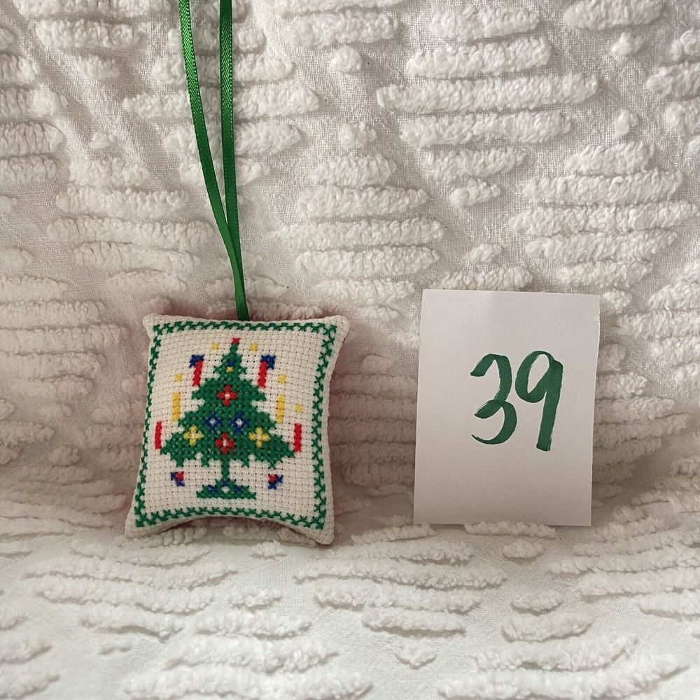 Vintage Needlepoint Petitpoint Christmas Holiday Hanging Red Green Bead Ornament