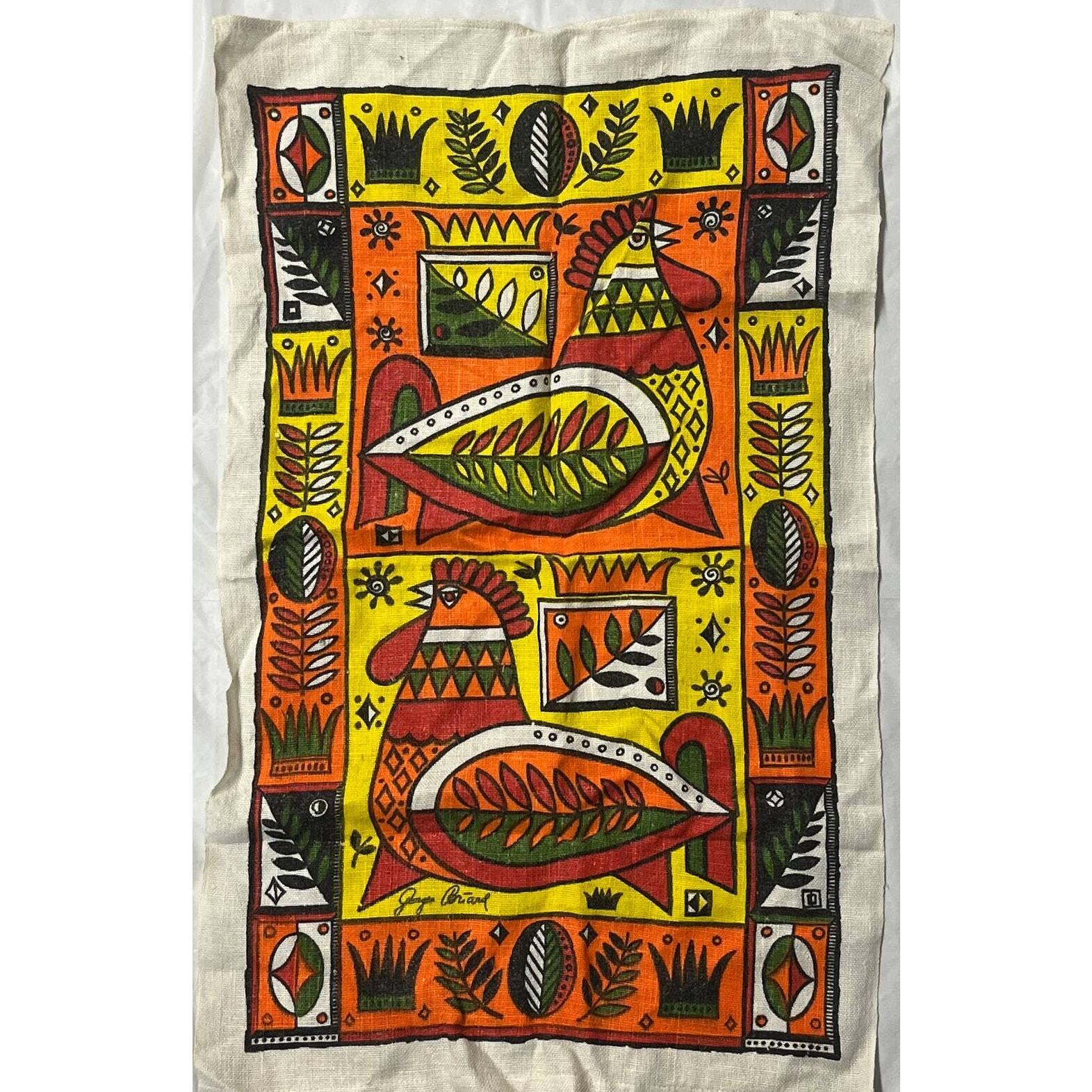Vintage Georges Briard Linen Tea Towel ~ Orange Red & Green ~ Wall Art ~ Rooster