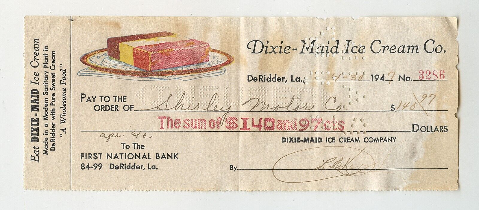 Rare 1947 Dixie-Maid Ice Cream Co. Check - DeRidder, La. - Cancelled check